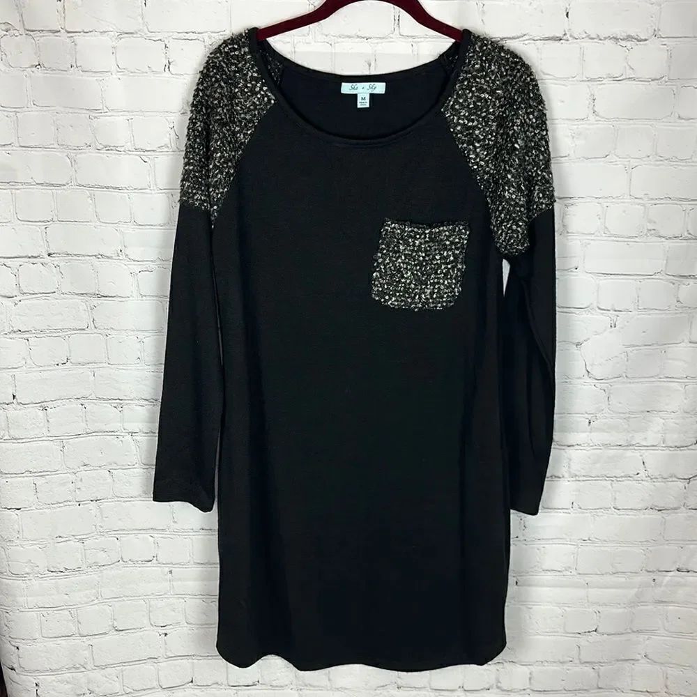 She + Sky Black T-shirt Dress with Gray Accents Size Medium